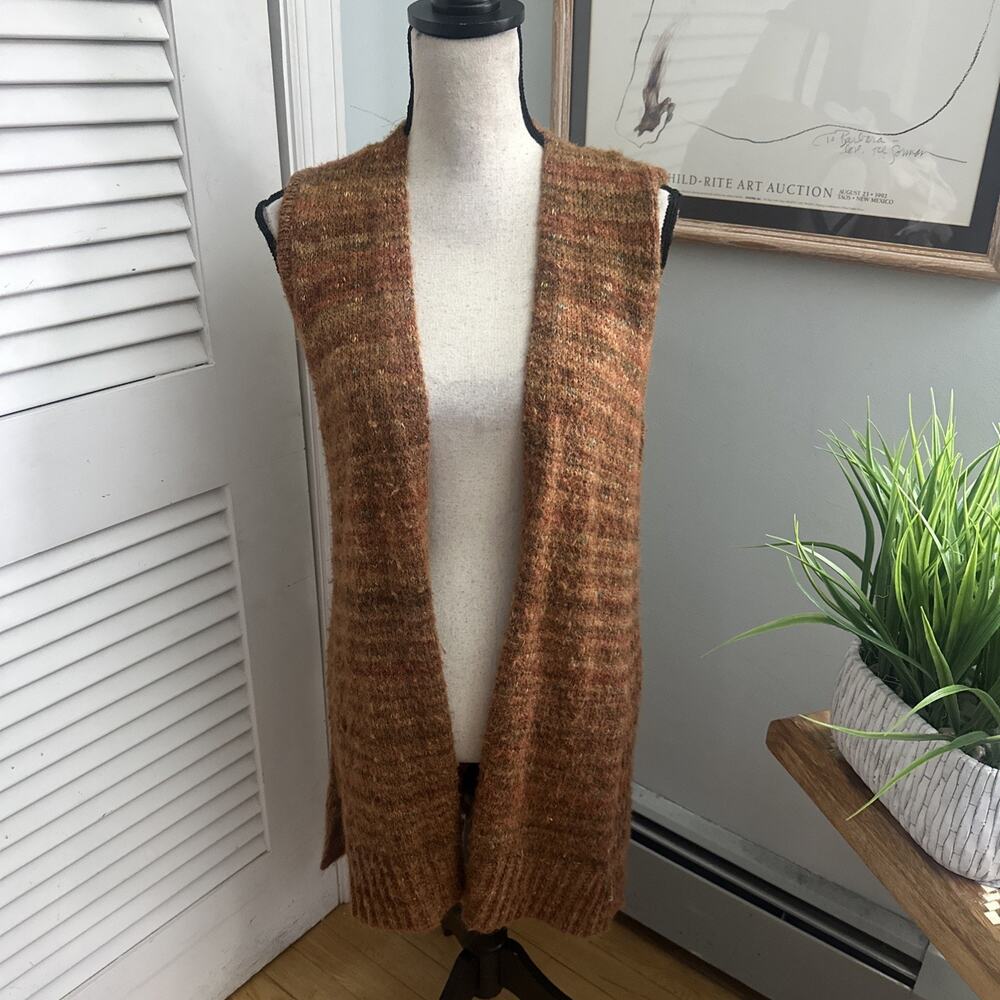 Chicos Sweater Vest Womens 1 Small Brown Sleeveless Duster Cardigan Granola Boho